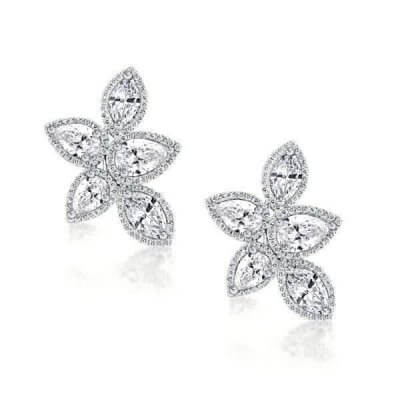  Design Pear Cut Silver Flower Earrings Studs