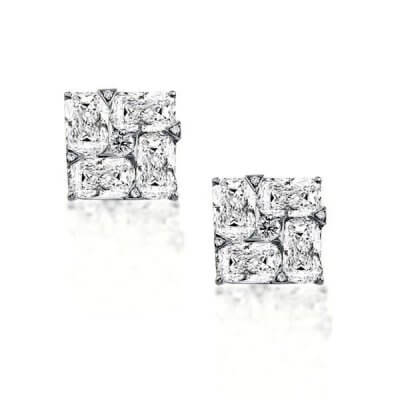 Square Design Cushion & Round Cut Sterling Silver Stud Earrings