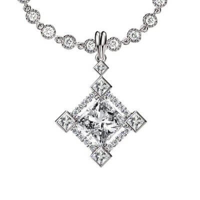 Halo Princess Cut Silver Pendant Necklace
