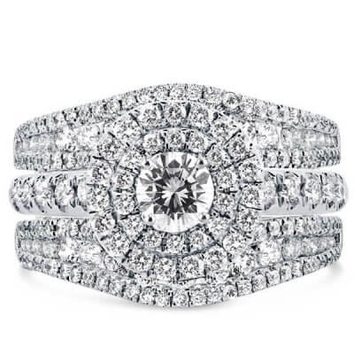 Double Halo Embedded Ring Guard 3PC Wedding Set(1.79 CT. TW.)