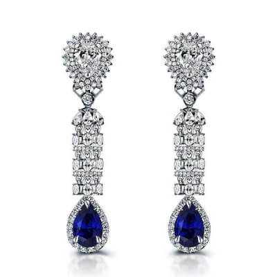 Halo Pear Cut Blue Sapphire Drop Earrings
