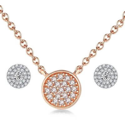 Rose Gold Halo Round Cut Pendant Necklace And Earring Set