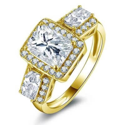 Art Deco Halo Three Stone Yellow Gold Engagement Ring