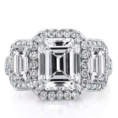 Three Stone Halo Emerald Engagement Ring 
