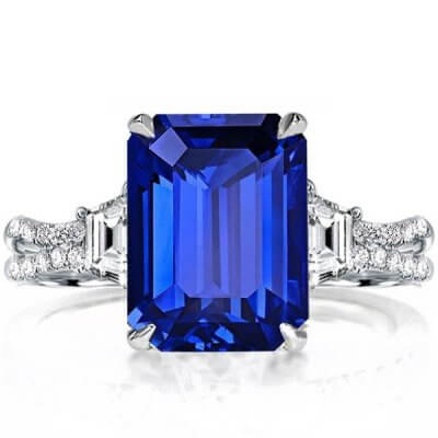 Three Stone Split Shank Emerald Cut Engagement Ring