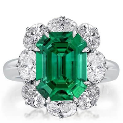 Flower Design Emerald Cut Halo Engagement Ring