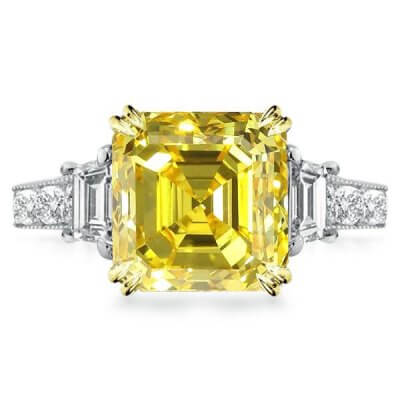 Three Stone Double Prong Milgrain Asscher Yellow Engagement Ring