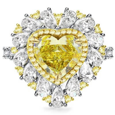 Two Tone Triple Row Yellow Heart Cut Engagement Ring