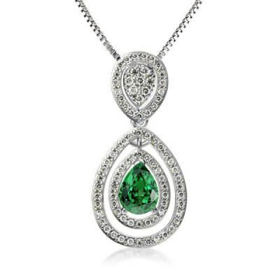 Double Halo Pear Cut Green Pendant Necklace
