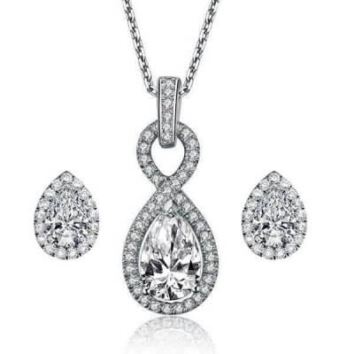Infinity Pear Halo Pendant Necklace And Earrings Jewelry Set