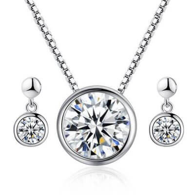 Classic Bezel Pendant Necklace And Earrings Jewelry Set