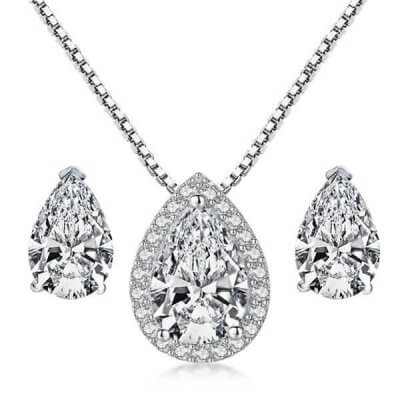 Halo Pear Pendant Necklace And Earrings Jewelry Set