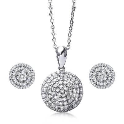 Micro Pave Halo Design Pendant Necklace And Earrings Jewelry Set