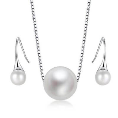 White Pearl Pendant Necklace And Earrings Womens Jewelry Set