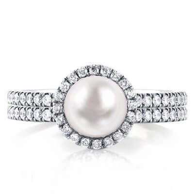 Two Row Halo White Pearl Engagement Ring