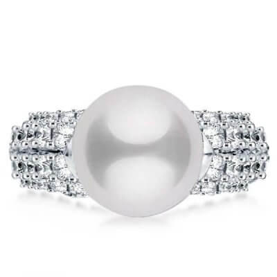 Cutaway Design Four Row Pearl with Round Cut Engagement Ring