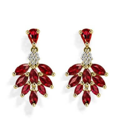 Flower Fire Design Two Tone Created Ruby Drop Designer Earrings