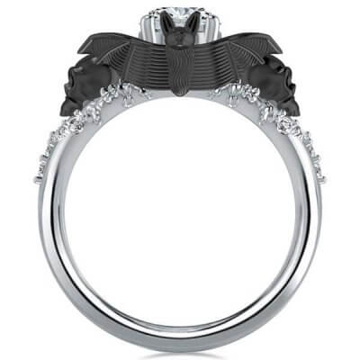 Two Tone Skull & Bat Design Round Cut Black Engagement Ring