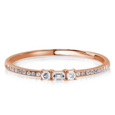 Three Stone Round & Baguette Cut Rose Gold Wedding Band 