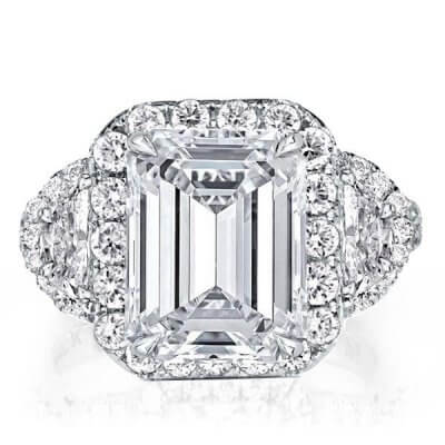Halo Three Stone Split Shank Emerald Cut Best Engagement Ring