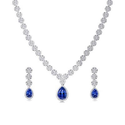 Classic Created Sapphire Pear & Round Cut Necklace And Earring Set