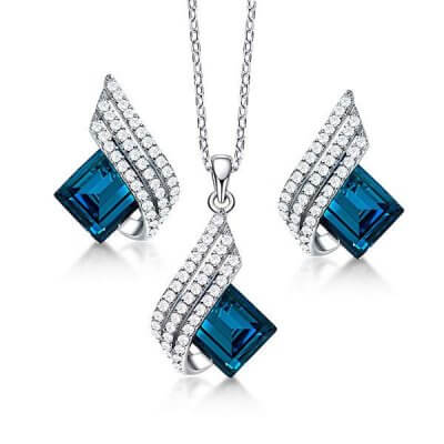 Special Design Created Aquamarine Emerald & Round Cut Necklace And Earring Set