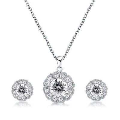 Classic Flower Design Halo Round Cut Necklace And Earring Set