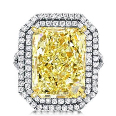 Split Shank Radiant Cut Yellow Double Halo Engagement Ring