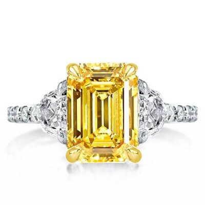 Two Tone Three Stone Yellow Emerald Engagement Ring