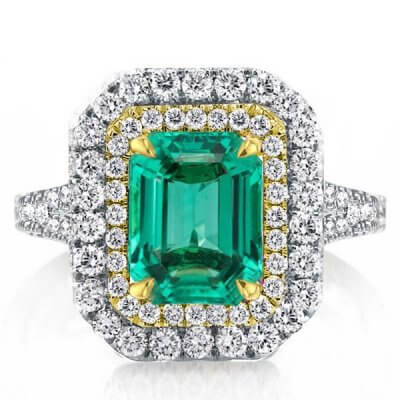 Double Halo Two Tone Split Shank Emerald Green Engagement Ring