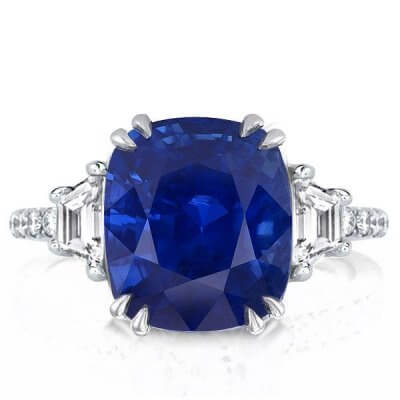 Three Stone Double Prong Cushion Cut Blue Sapphire Engagement Ring
