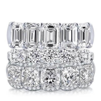 Triple Row Emerald & Round &Cushion Stackable Band Set