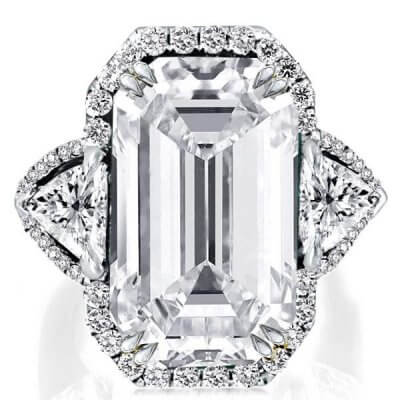 Double Prong Halo Three Stone Emerald Engagement Ring