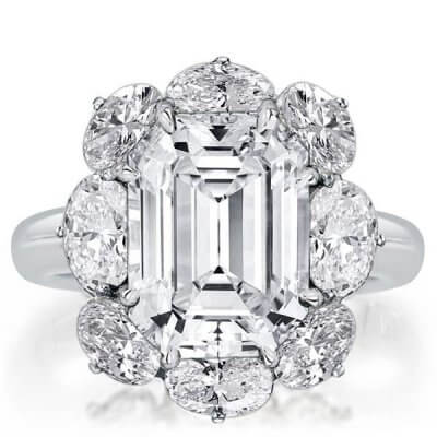 Flower Design Halo Emerald Cut Engagement Ring