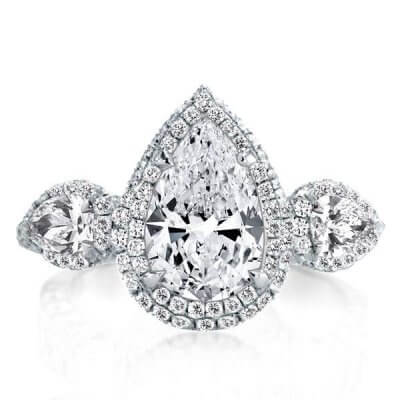 Double Halo Three Stone Pear Cut Enagement Ring