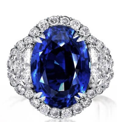 Halo Three Stone Double Prong Blue Oval Cut  Engagement Ring