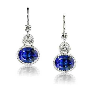 Halo Oval Cut Blue Earrings For Women