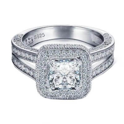 Italo Halo Spilt-Shank White Sapphire Engagement Ring