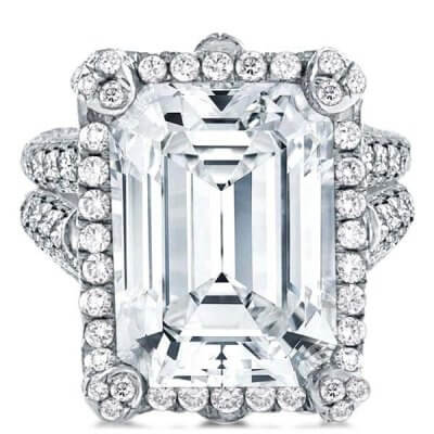 Halo Split Shank Emerald Cut Engagement Ring