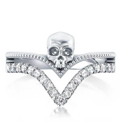 Milgrain Skull Design Split Shank U-Pave Round Engagement Ring