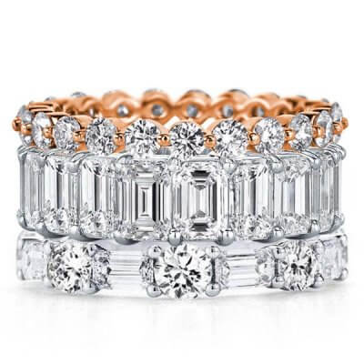 Eternity Triple Row Two Tone Emerald & Round Stackable Band Set