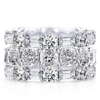 Triple Row Cushion & Round & Baguette Stackable Band Set