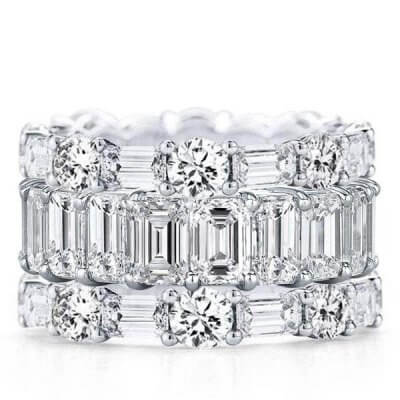 Eternity Triple Row Round & Emerald Cut Stackable Band Set 