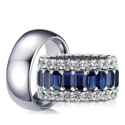 Eternity Triple Row Blue Emerald Cut Couple Rings