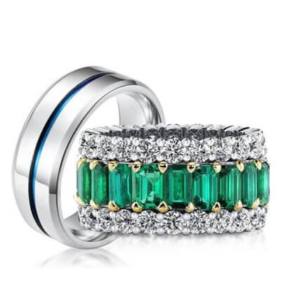 Triple Row Emerald Cut Couple Wedding Rings
