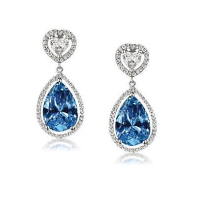 Halo Heart & Pear Cut Blue Drop Earrings