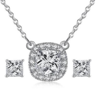 Classic Halo Princess Cut Pendant Necklace And Earring Set
