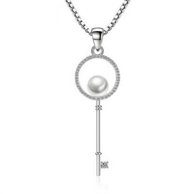 Italo Key Pearl Created White Sapphire Pendant Necklace 